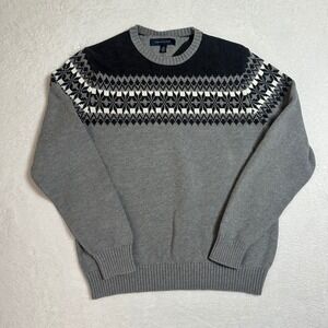 Tommy Hilfiger Mens M Gray Fair Isle Crewneck Sweater Knitwear Pullover Preppy
